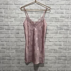 Vintage Pink Nightgown Small Chemise California Miss Lace Print Bow Faux Pearls